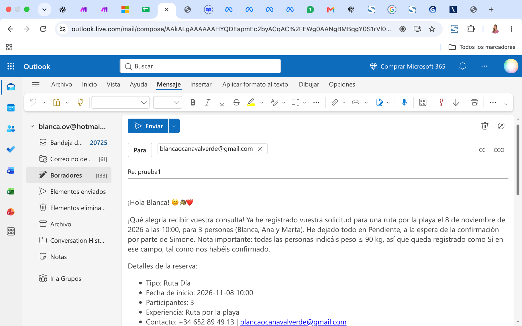 Ejemplo de borrador generado en Outlook