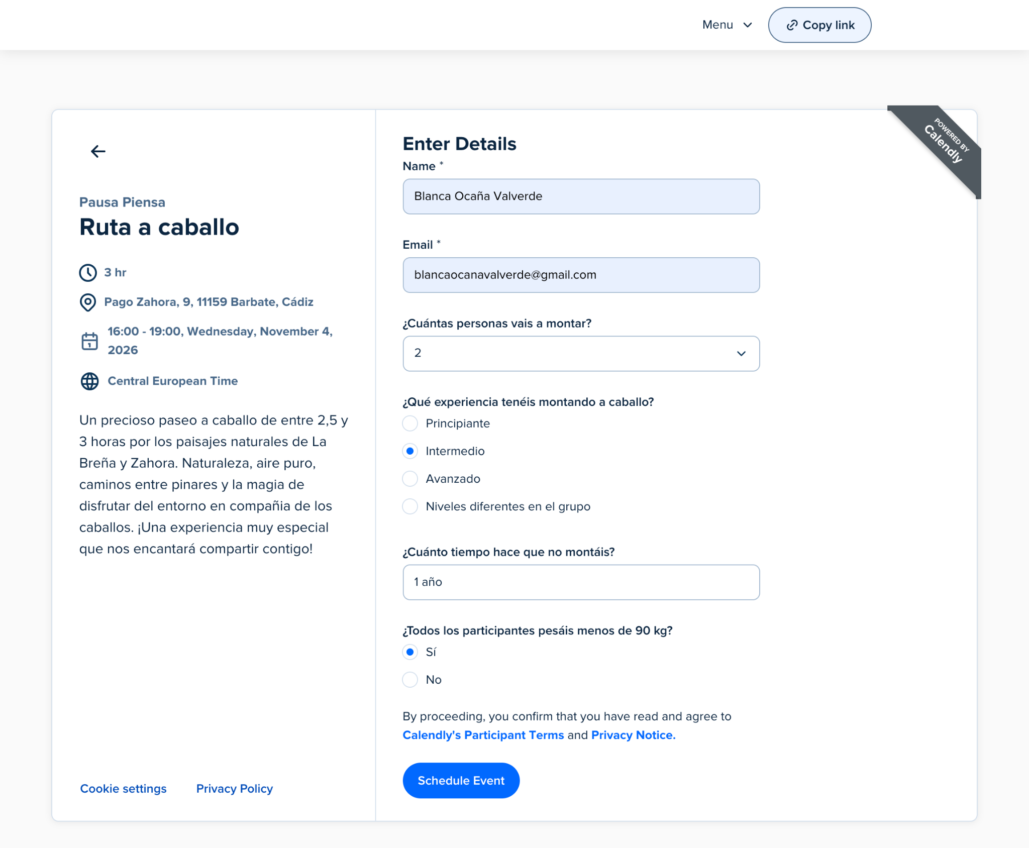 Calendly: formulario