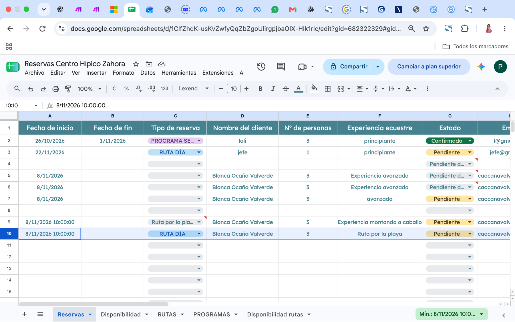 Reservas registradas en Google Sheets