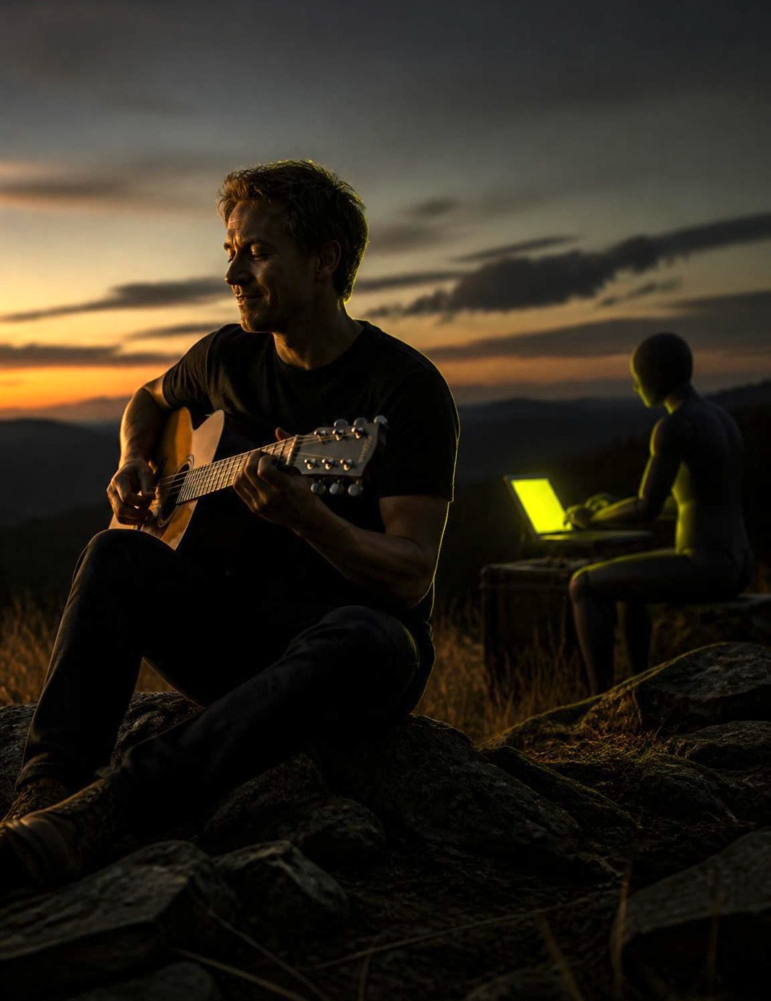 Persona tocando la guitarra mientras su asistente digital trabaja